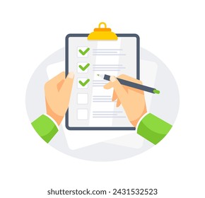 Hands holding clipboard with checklist with green check marks and pen. Vector illustration