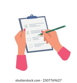 Hands holding clipboard with checklist. green check marks drawn. Human filling control list on notepad. Clipboard vector illustration.