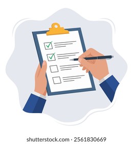 Hands holding clipboard with checklist with green check marks and pen. Flat vector illustration for task planning, productivity, project management, to do lists, surveys, and goal tracking concepts.