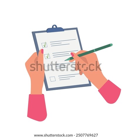 Hands holding clipboard with checklist. green check marks drawn. Human filling control list on notepad. Clipboard vector illustration.