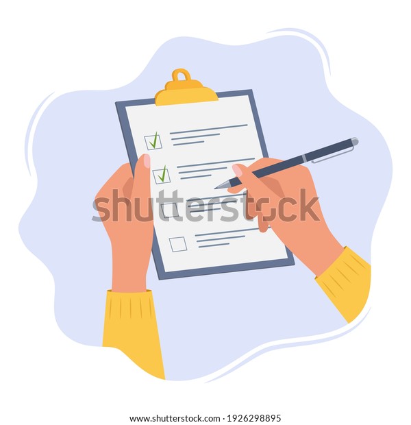 Hands holding clipboard with checklist with green\
check marks and pen. Human filling control list on notepad. Concept\
of Survey, quiz, to-do list or agreement. Vector illustration in\
flat style