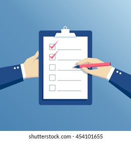 Hands holding clipboard with checklist and marker, vector illustration