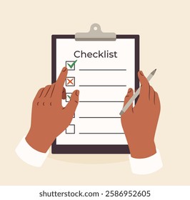 Hands holding a clipboard with a checklist, marking completed tasks with checkmarks. One hand holds a pen while the other points at the list. Beige background. Business and organization concept