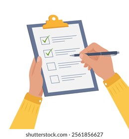 Hands holding clipboard with checklist and pen. Human completing control list with green check marks. Concept for survey, quiz, to-do list, agreement, and productivity. Flat vector illustration.