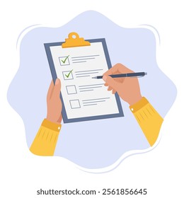 Hands holding clipboard with checklist and pen. Human completing control list with green check marks. Concept for survey, quiz, to-do list, agreement, and productivity. Flat vector illustration.