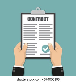 Hands holding clipboard with contract document in a flat design
