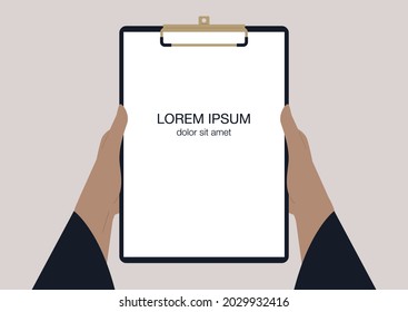 Hands holding a clipboard with a copy space sign, a text template