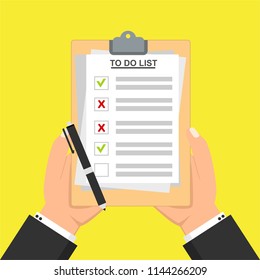 Hands holding clipboard with To Do List with checklist icon. Flat illustration of clipboard with To Do List for web