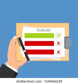 Hands holding clipboard with To Do List with checklist icon. Flat illustration of clipboard with To Do List for web