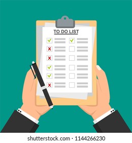 Hands holding clipboard with To Do List with checklist icon. Flat illustration of clipboard with To Do List for web