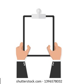 Hands holding clipboard with empty sheet vector icon