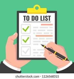 Hands holding a clipboard and pen. To do list concept. Vector illustration.