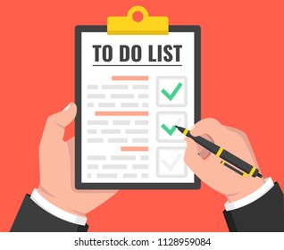 Hands holding a clipboard and pen. To do list concept. Vector illustration.