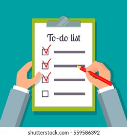 Hands holding clipboard with to-do list template and pencil. EPS10 vector illustration in flat style.