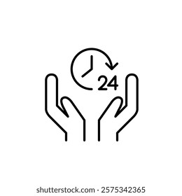 Hands holding clock with 24 hours symbol. Non-stop customer support. Always available service. Pixel perfect vector icon