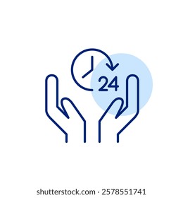 Hands holding clock with 24 hours symbol. Non-stop customer support. Always available service. Pixel perfect, editable stroke icon