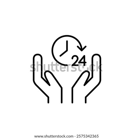 Hands holding clock with 24 hours symbol. Non-stop customer support. Always available service. Pixel perfect vector icon