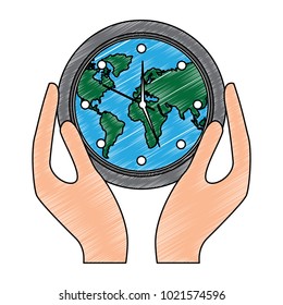 hands holding clock with earth map inside
