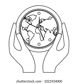 hands holding clock with earth map inside
