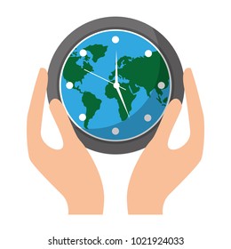 hands holding clock with earth map inside