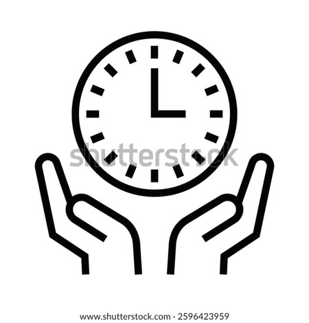 Hands holding clock icon, black outline vector. Editable stroke.