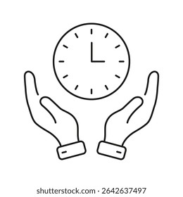 Hands Holding Clock Line Icon. Time Management, Efficiency, And Productivity Outline Symbol. Prioritizing Tasks And Scheduling. Editable Stroke. Isolated Vector Illustration. - Powered by Shutterstock - Get 15% off with code: PIKWIZARD15