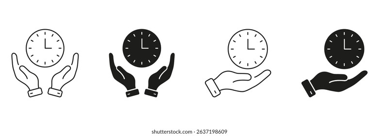 Hands Holding Clock Line And Solid Icon Set. Time Management, Scheduling, And Efficiency Symbol Collection. Prioritization And Productivity Concept. Isolated Vector Illustration. - Powered by Shutterstock - Get 15% off with code: PIKWIZARD15