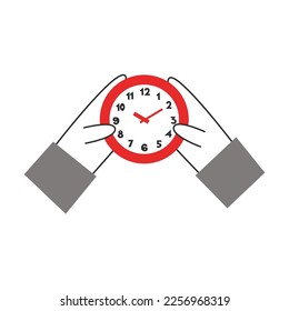 Manos sosteniendo el reloj. Concepto de gestión del tiempo. Acciones tempranas o tardías, inicio y fin, horas y minutos, inicio y fin, fecha límite vector ilustración plana.