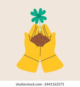 Hands holding a clover plant growing out of the ground. Colorful vector illustration
