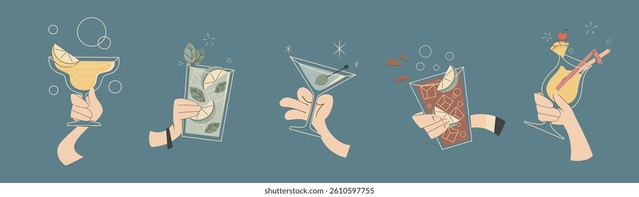 Hands holding cocktail glasses set isolated on background. Vector illustration of retro party bar menu, mojito beverage, cups of alcoholic drinks with lemon, cherry, pineapple pieces and straws