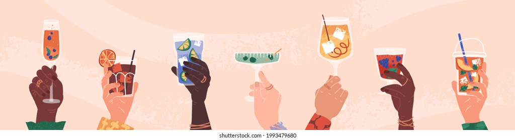 Hands holding cocktails with mojito, wineglass, mimosa, prosecco, sangria, juice. Enjoying handmade drinks in bar, at home or outdoors concept illustration. Cheers with friends cartoon vector.