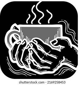 Hands holding coffee cup, Hot drink, tea, cacao for breakfast or take away. Espresso, latte, cappuccino. Hand drawn vintage style illustration. Cafe menu or postcard chalkboard design. Vector drawing.