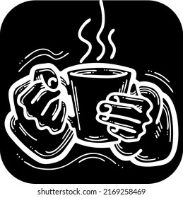 Hands holding coffee cup, Hot drink, tea, cacao for breakfast or take away. Espresso, latte, cappuccino. Hand drawn vintage style illustration. Cafe menu or postcard chalkboard design. Vector drawing.
