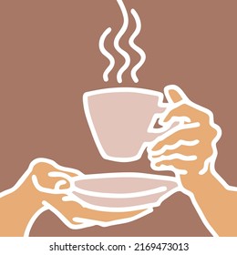Hands holding coffee cup, Hot drink, tea or cacao for breakfast or take away. Espresso, latte, cappuccino. Hand drawn vintage style illustration. For cafe menu or postcard. Comic cartoon drawing.