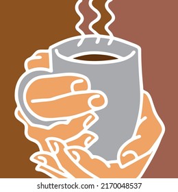 Hands holding coffee cup, Hot drink, tea or cacao for breakfast or take away. Espresso, latte, cappuccino. Hand drawn vintage style illustration. For cafe menu or postcard. Comic cartoon drawing.