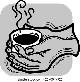 Hands holding coffee cup, Hot drink, tea or cacao for breakfast or take away. Espresso, latte, cappuccino. Hand drawn vintage style illustration. For cafe menu or postcard. Comic cartoon drawing.