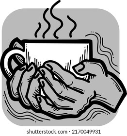 Hands holding coffee cup, Hot drink, tea or cacao for breakfast or take away. Espresso, latte, cappuccino. Hand drawn vintage style illustration. For cafe menu or postcard. Comic cartoon drawing.
