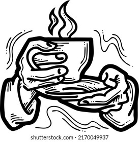 Hands holding coffee cup, Hot drink, tea or cacao for breakfast or take away. Espresso, latte, cappuccino. Hand drawn vintage style illustration. For cafe menu or postcard. Comic cartoon drawing.