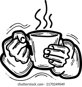 Hands holding coffee cup, Hot drink, tea, cacao for breakfast or take away. Espresso, latte, cappuccino. Hand drawn vintage style vector illustration. Cafe menu, postcard design. Comic cartoon drawing