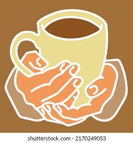Hands holding coffee cup, Hot drink, tea, cacao for breakfast or take away. Espresso, latte, cappuccino. Hand drawn vintage style vector illustration. Cafe menu, postcard design. Comic cartoon drawing