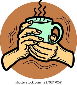 Hands holding coffee cup, Hot drink, tea, cacao for breakfast or take away. Espresso, latte, cappuccino. Hand drawn vintage style vector illustration. Cafe menu, postcard design. Comic cartoon drawing