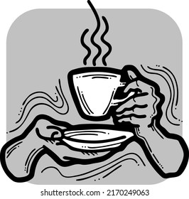 Hands holding coffee cup, Hot drink, tea, cacao for breakfast or take away. Espresso, latte, cappuccino. Hand drawn vintage style vector illustration. Cafe menu, postcard design. Comic cartoon drawing