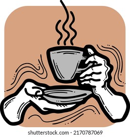 Hands holding coffee cup, Hot drink, tea or cacao for breakfast or take away. Espresso, latte, cappuccino. Hand drawn vintage style vector illustration. For cafe menu, postcard. Comic cartoon drawing.