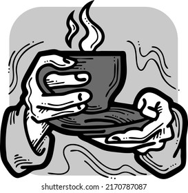 Hands holding coffee cup, Hot drink, tea or cacao for breakfast or take away. Espresso, latte, cappuccino. Hand drawn vintage style vector illustration. For cafe menu, postcard. Comic cartoon drawing.