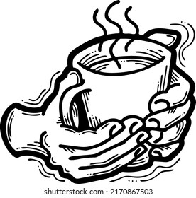 Hands holding coffee cup, Hot drink, tea or cacao for breakfast or take away. Espresso, latte, cappuccino. Hand drawn vintage style illustration. For cafe menu or postcard. Comic cartoon drawing.