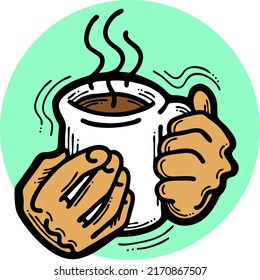 Hands holding coffee cup, Hot drink, tea or cacao for breakfast or take away. Espresso, latte, cappuccino. Hand drawn vintage style illustration. For cafe menu or postcard. Comic cartoon drawing.