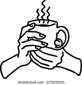 Hands holding coffee cup, Hot drink, tea or cacao for breakfast or take away. Espresso, latte, cappuccino. Hand drawn line style vector illustration. For cafe menu or postcard. Comic cartoon drawing.
