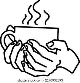 Hands holding coffee cup, Hot drink, tea or cacao for breakfast or take away. Espresso, latte, cappuccino. Hand drawn line style vector illustration. For cafe menu or postcard. Comic cartoon drawing.