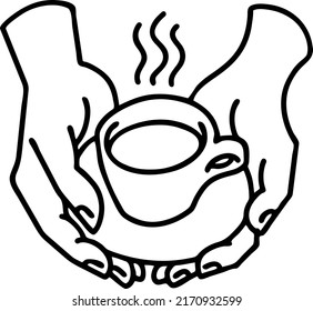 Hands holding coffee cup, Hot drink, tea or cacao for breakfast or take away. Espresso, latte, cappuccino. Hand drawn line style vector illustration. For cafe menu or postcard. Comic cartoon drawing.