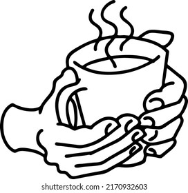 Hands holding coffee cup, Hot drink, tea or cacao for breakfast or take away. Espresso, latte, cappuccino. Hand drawn line style vector illustration. For cafe menu or postcard. Comic cartoon drawing.